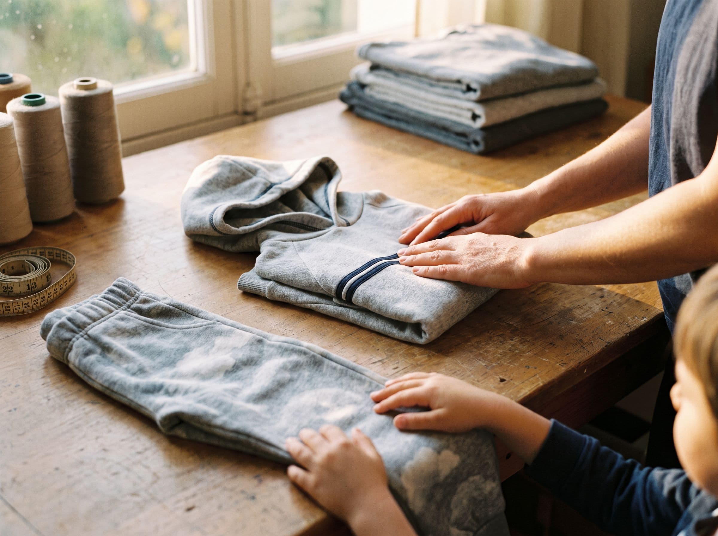 Enfants en ensembles jogging gris, ensemble sur un terrain de sport