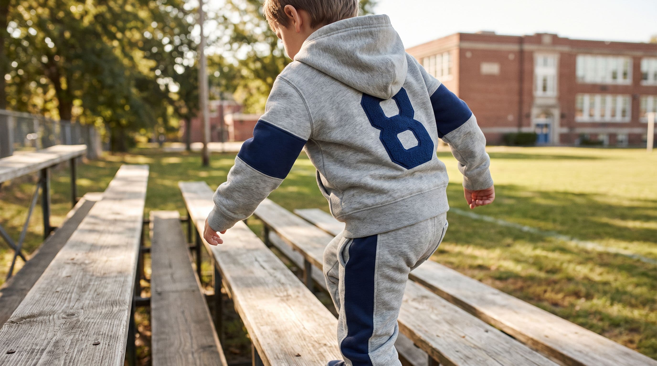 Enfant en ensemble jogging gris, en pleine action
